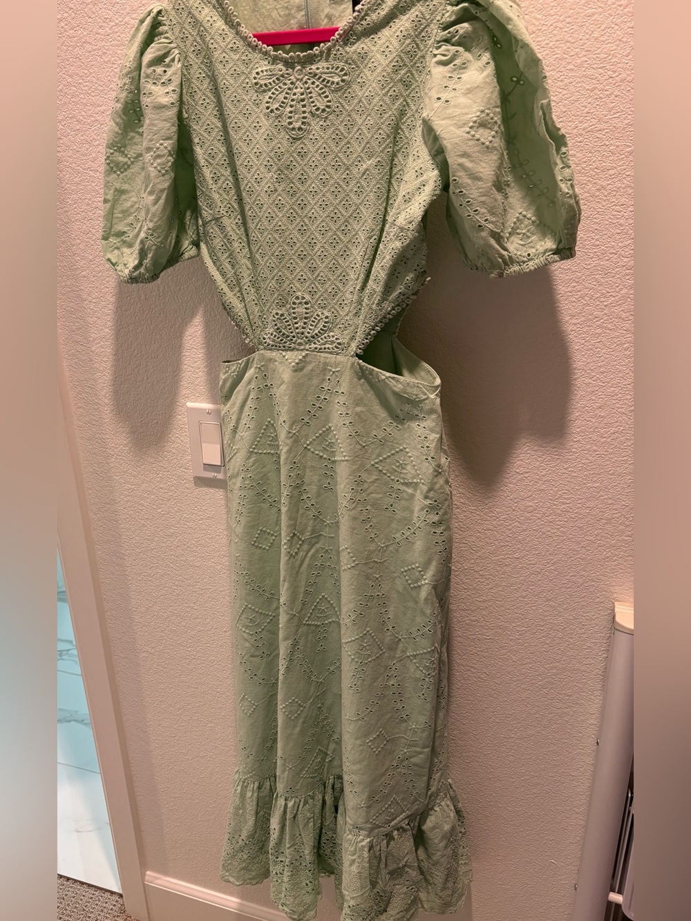 French Connection Sage Green Eyelet Puff-Sleeve Midi Dress